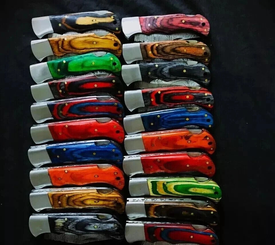Lot of 20 Custom Handmade Damascus Steel Mix Folding & Pocket Knives - From USA.