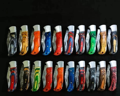 Lot of 20 Custom Handmade Damascus Steel Mix Folding & Pocket Knives - From USA.
