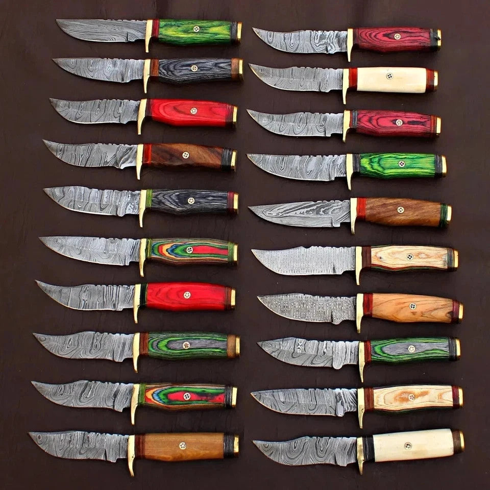 Lot of 20 Custom Handmade Damascus Steel 8" Camping & Hunting Knives - From USA.