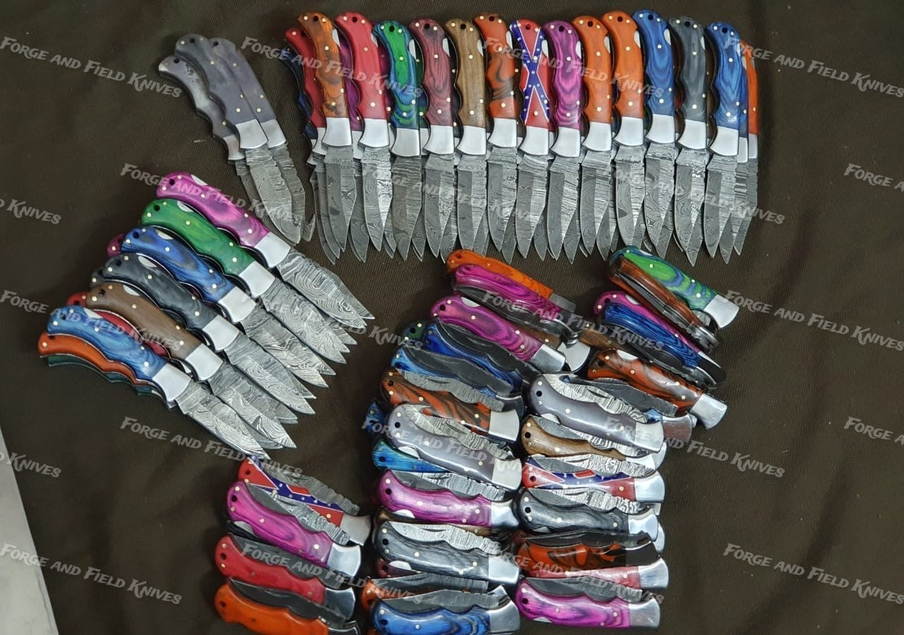Lot of 20 Custom Handmade Damascus Steel Mix Folding & Pocket Knives - From USA.
