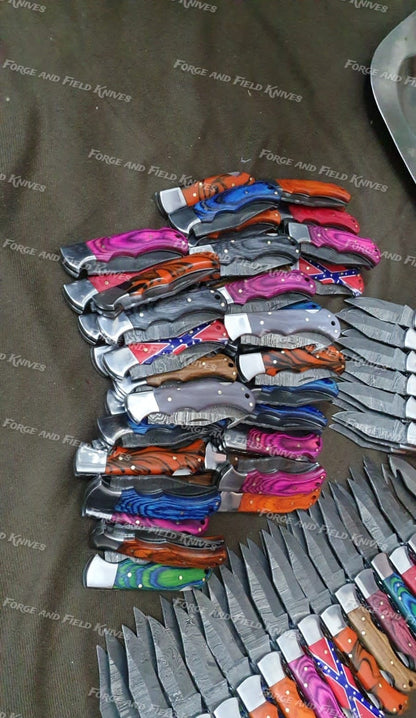 Lot of 20 Custom Handmade Damascus Steel Mix Folding & Pocket Knives - From USA.