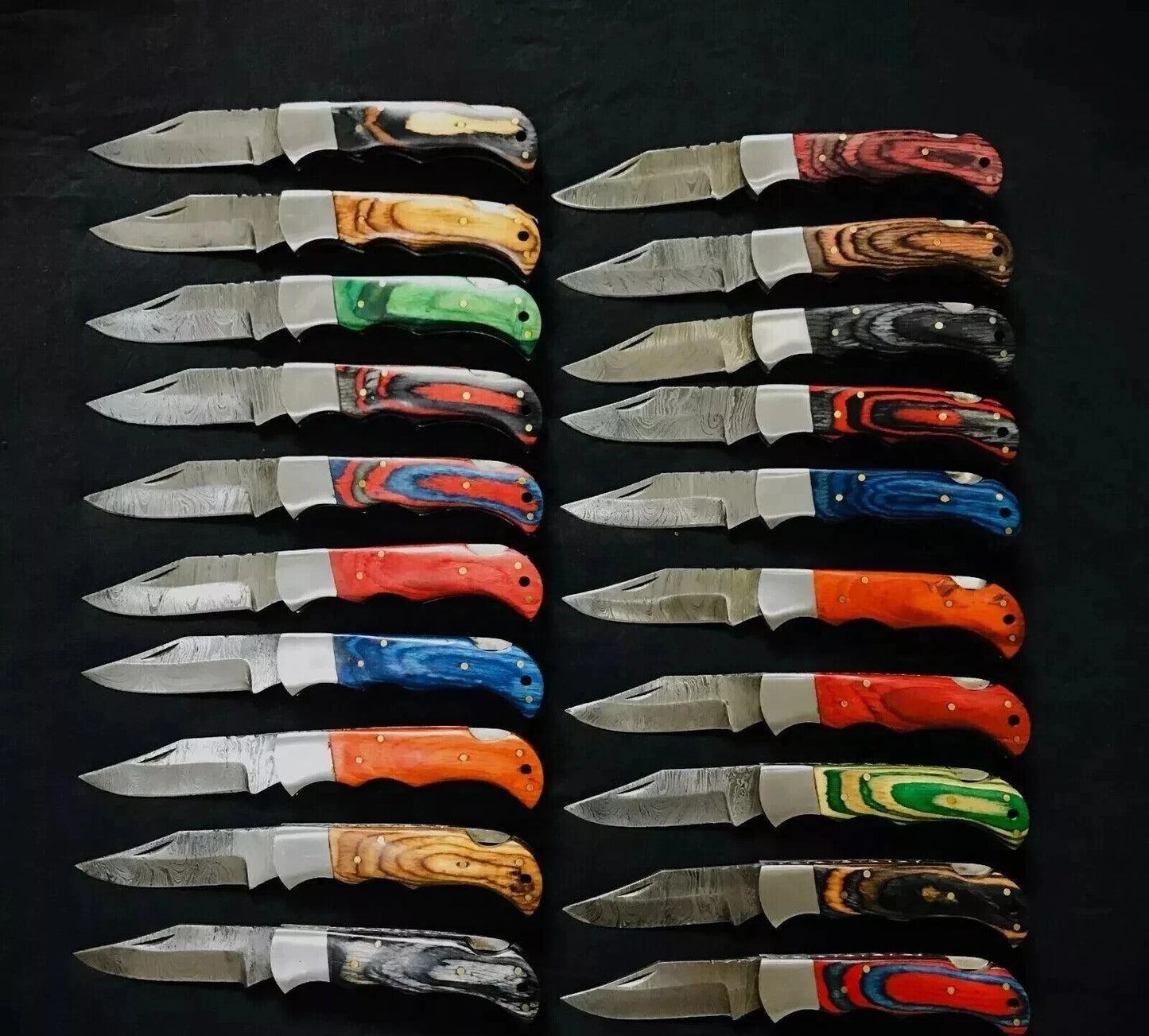Lot of 20 Custom Handmade Damascus Steel Mix Folding & Pocket Knives - From USA.
